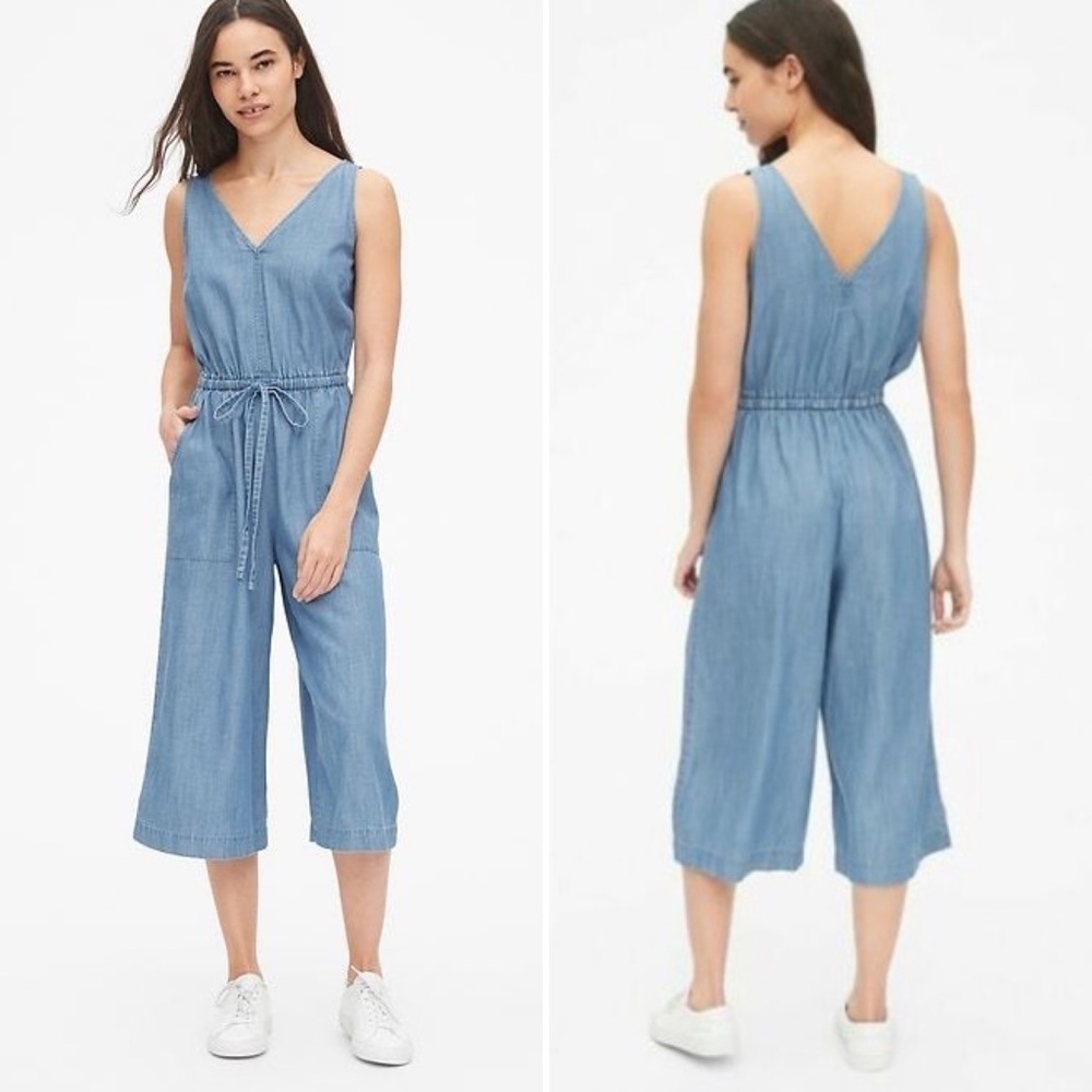 Gap Sleeveless Wide Leg Jumpsuit in Medium Indigo Tencel Cotton Size Medium